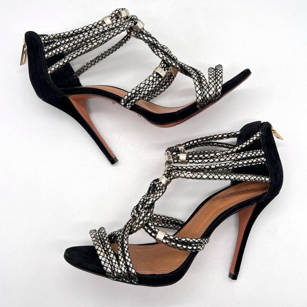 Schutz Aksaya Elegant Black and White Leather Roped Stiletto Heels Size 8